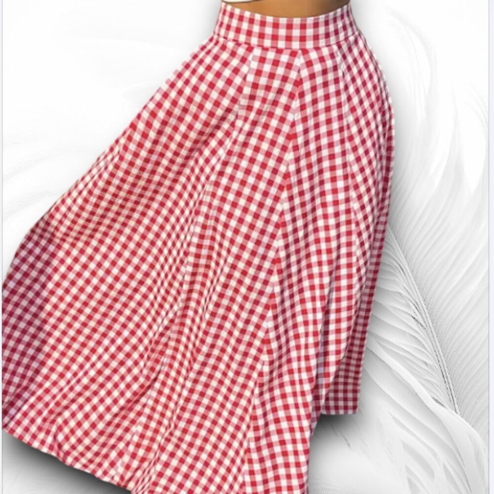 Red Gingham Maxi Skirt High Waist A-Line with Pockets - Picture 3 of 8